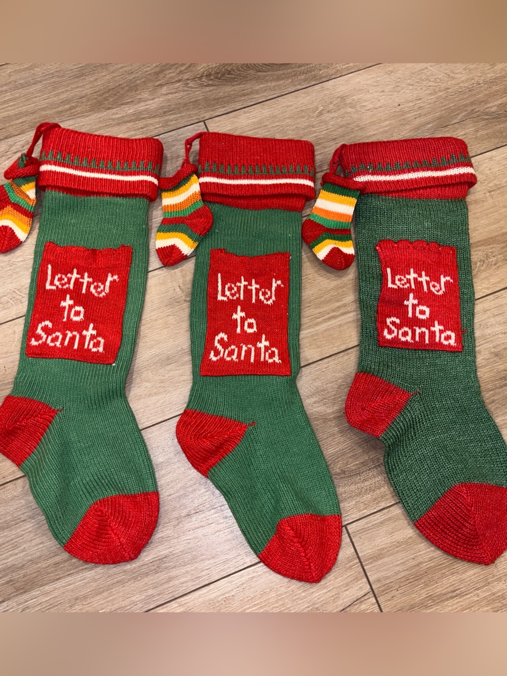Lot 3 Vintage Christmas Stocking Green Red Knit "Letter to Santa" Mint 21” Tall